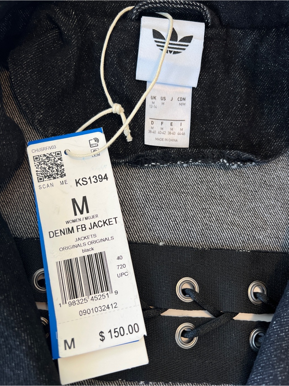 Adidas Black Denim FB Lace-Up Track Jacket, 100% Cotton, Style KS1394 Size M NWT - Picture 3 of 15